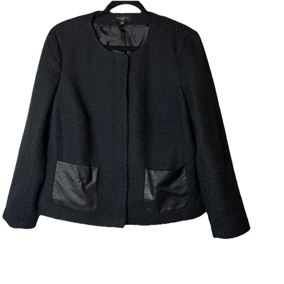 Talbots Black Tweed Faux Leather Pockets Front Full Zip Blazer Jacket 14W - Picture 1 of 7